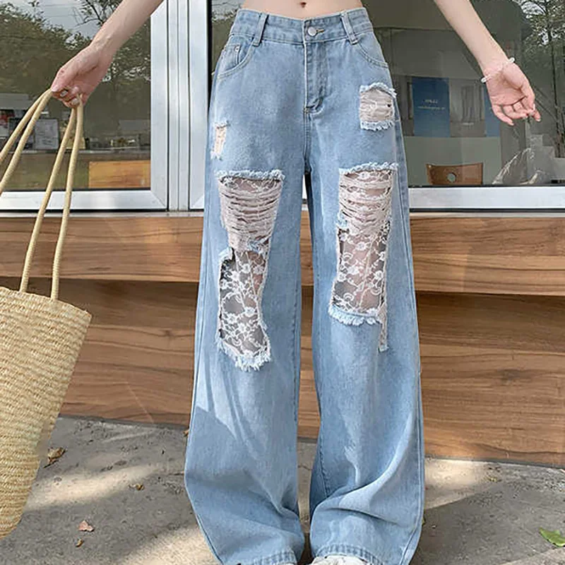 Épissure dentelle trou Denim pantalon femmes été mince Style américain rétro jambe large jean droit surdimensionné taille haute pantalon