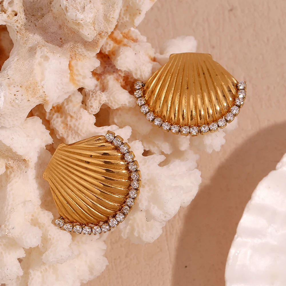 E.B.belle Zircon Edged Scallop Stud Earrings Tarnish Free 316L Stainless Steel Accessories 18K Gold Plated Jewelry