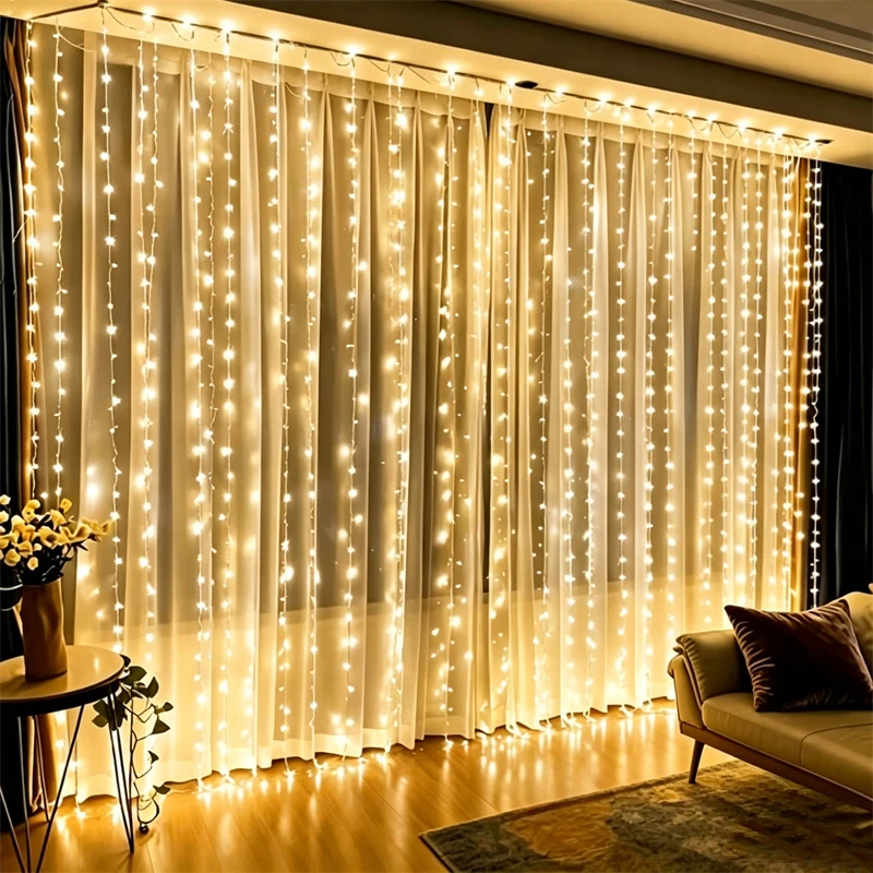 Christmas LED Curtain String Lights 8 Modes AA Battery Powered Bay Window Lights Wedding Valentine's Day Garden Halloween Decor
