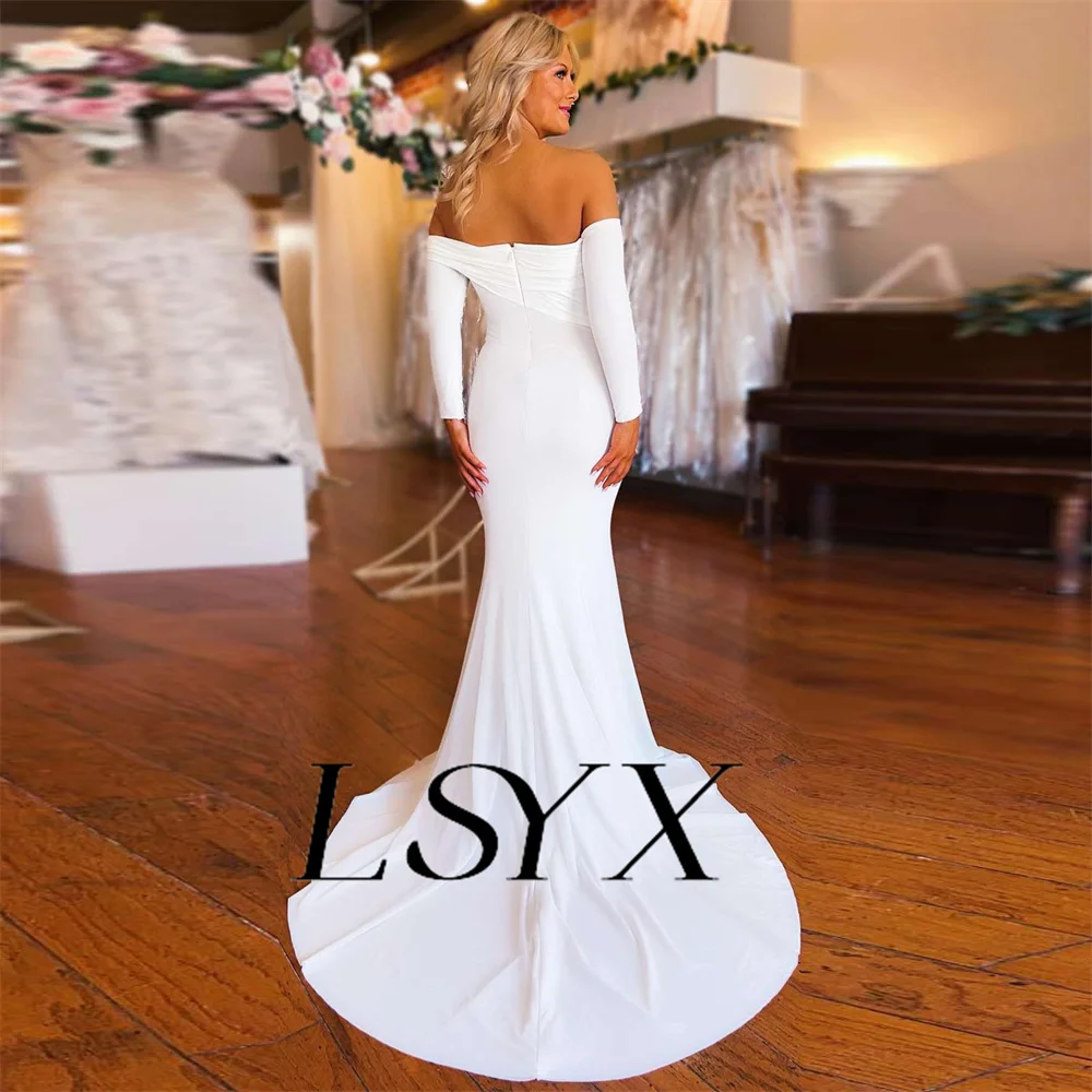 Lsyx Elegante Off-Shoulder Crêpe Plooien Zeemeermin Trouwjurk 2023 Rits Rug Eenvoudige Hoftrein Bruidsjurk Op Maat Gemaakt