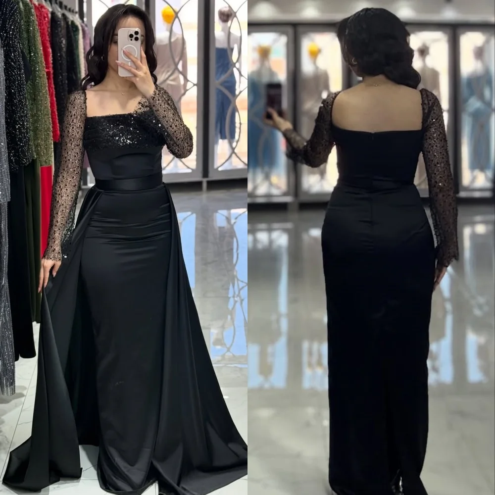 

Customized Intricate Elegant Charmeuse Sequined Pleat Straight Square Neck Long Dresses Bespoke Occasion Dresses Fashion Formal