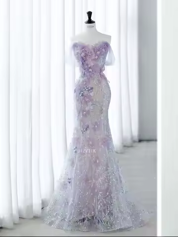 Elegant Floral Print Off-Shoulder Prom Dress Women Floor Length Sequin Sleeveless Lace-up Wedding Dress Customized Evening Gowns