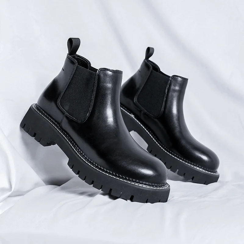 

men casual business office chelsea boots slip-on natural leather shoes cowboy spring autumn boot platform ankle botas masculinas