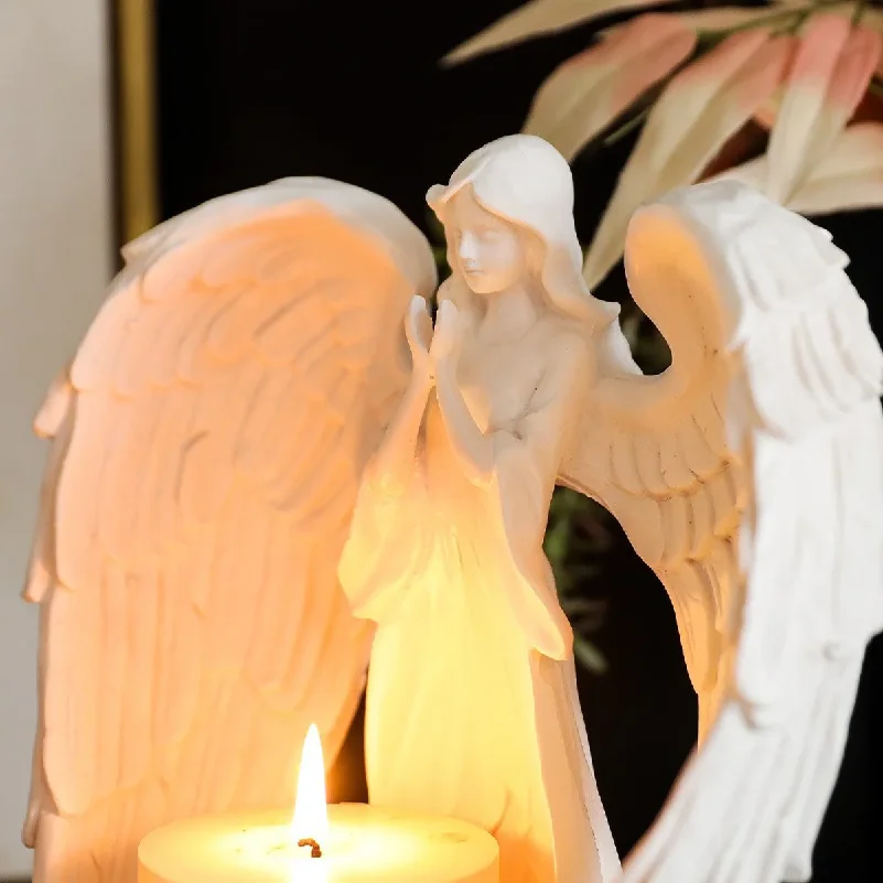 White Angel Prayer Candle Holder for Church - Resin Religious Decor, Altar Decoration with Guardian Angel Statue
