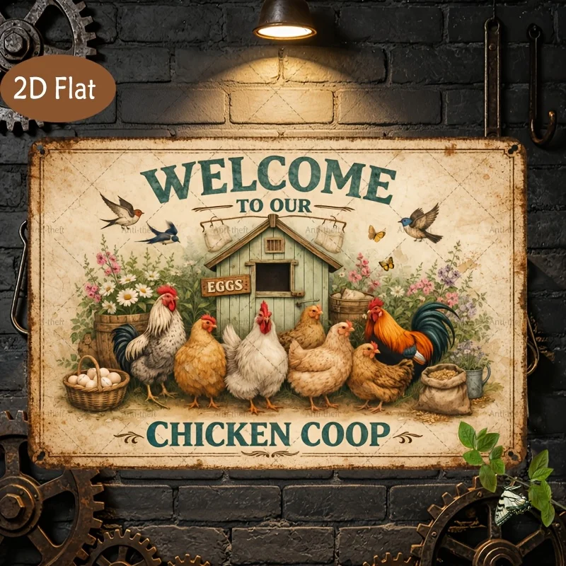 2D Flat, 2D Flat 1pc Vintage Sign 7.87x11.81inch | Metal Decorative Painting, Featuring a Chicken Coop, Flock of Chickens, Flowe