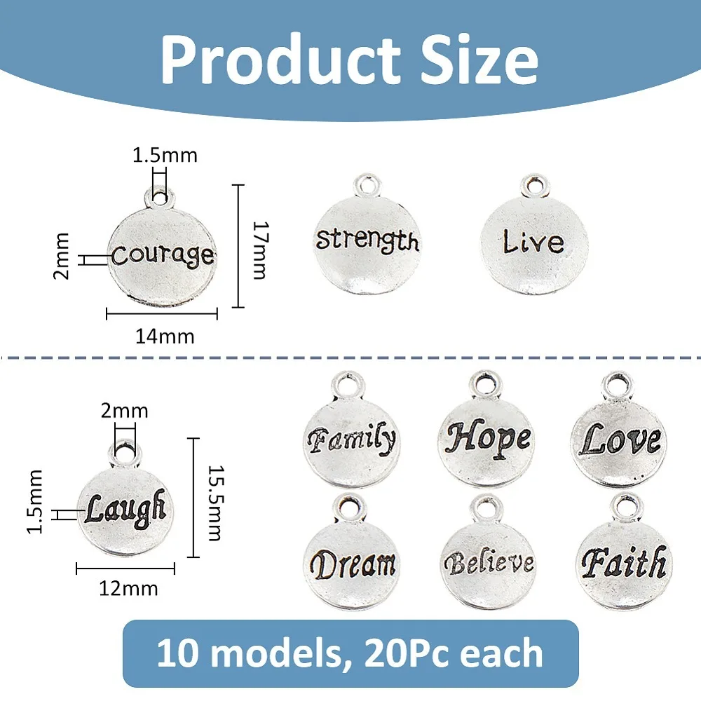 

200Pcs 10 Style Style Alloy Pendants Flat Round with Word Silver 15.5x12x1.5mm Hole: 2mm 10pcs/style