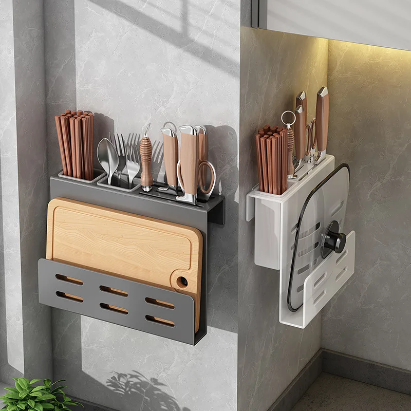 Wall mounted stainless steel kitchen knife, pot cover, cutting board integrated multifunctional storage rack