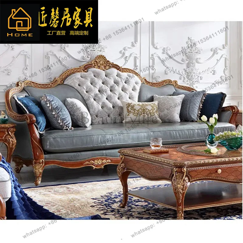 French solid wood sofa combination first floor cowhide villa living room sofa American classical furniture
