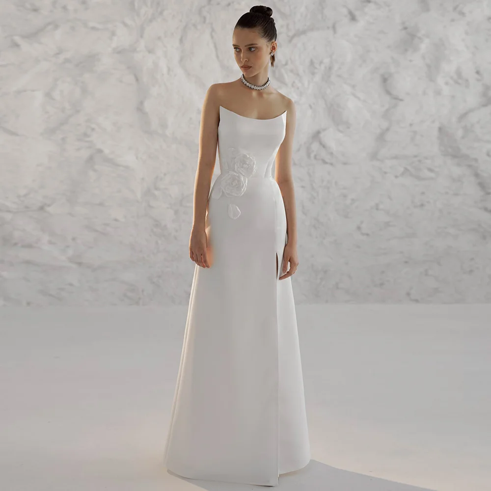 Classy Women's Dresses Trend 2025 Satin Sheath/Column Wedding Party Dresses White Strapless 3D flowers Split Wedding Guest Dress