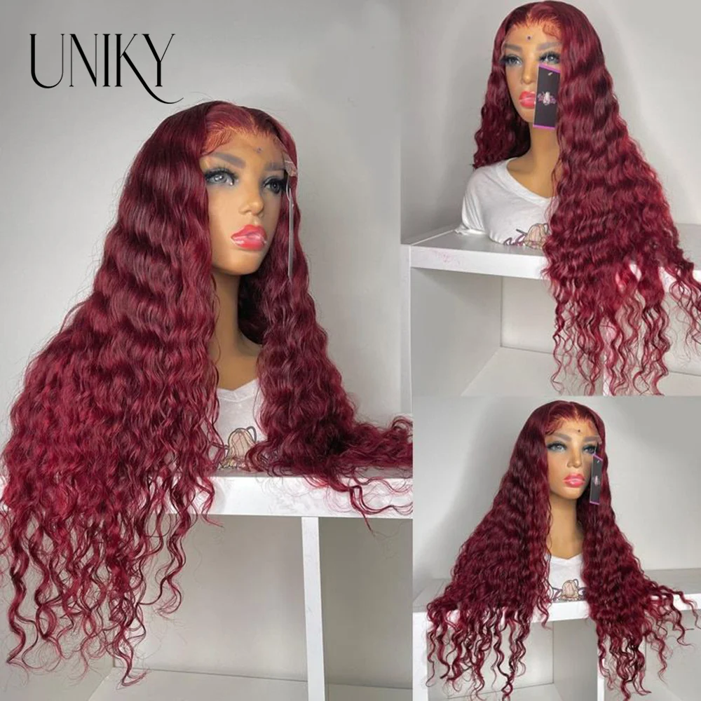 99J Burgundy Deep Wave 12A Lace Frontal Human Hair Wig For Women Glueless Transparent Human Hair Lace Frontal Wig Pre Plucked