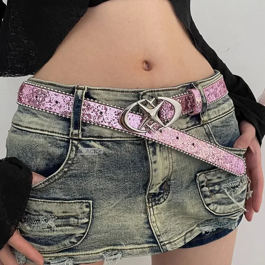 

Luxury Sequin Punk Y2k Bling Star Rhinestone Belt Women's Brand Retro Belt Metal Buckle Fashion Waistband Jeans Pants Decor Belt