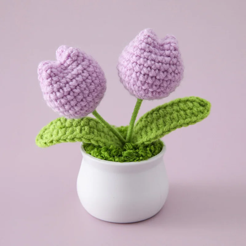 Tulip Handmade Crochet Flowers Potted Finished Woven Bouquet Artificial  Knitted Flower Valentine\'s Day Gift Home Desktop Decor