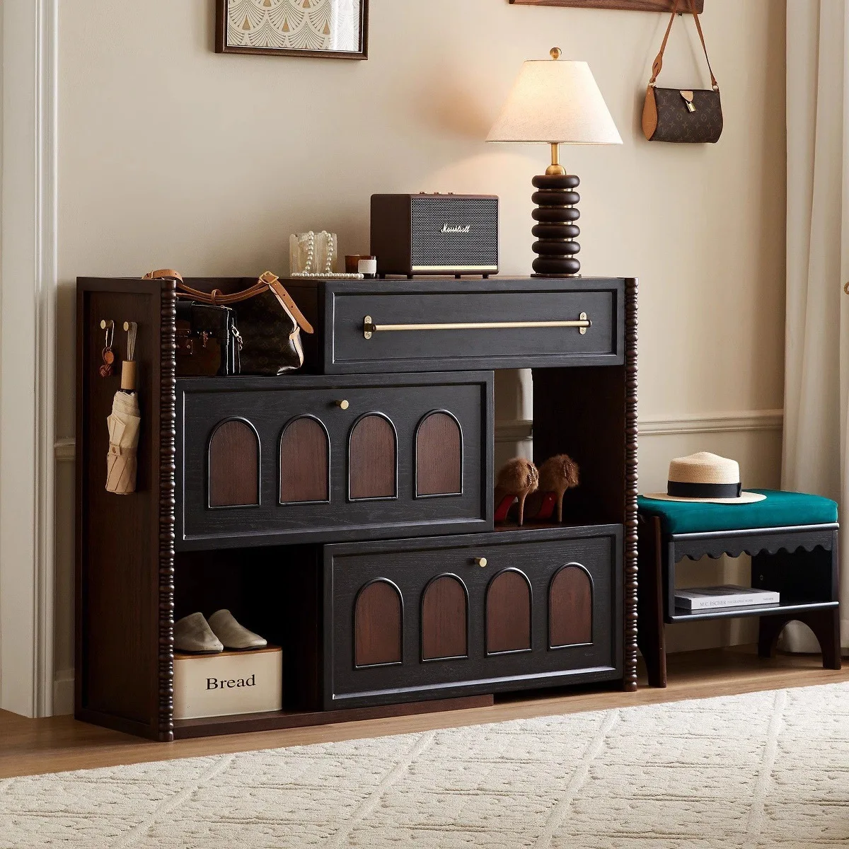 French medieval solid wood rotary retractable shoe cabinet, integrated storage locker shoe rack at the entrance of the home