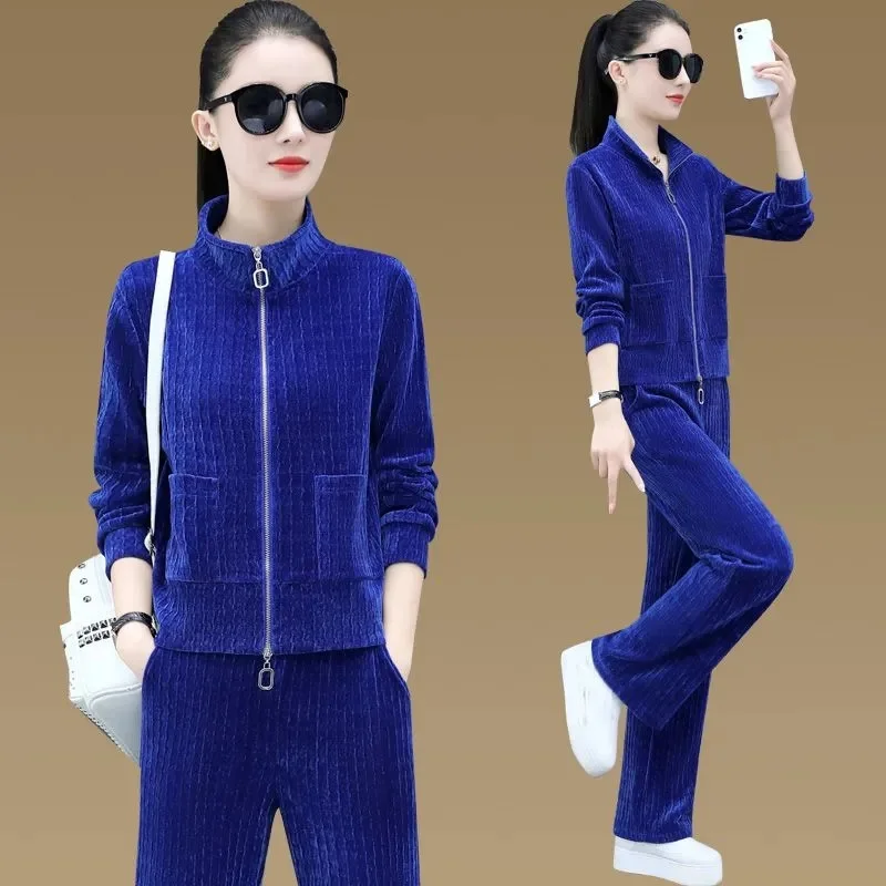 Mom Solid Color Wide Leg Pants Outfit Spring Autumn Female Loose Sports Set New Ladies High-grade Two Piece Casual Suit Set