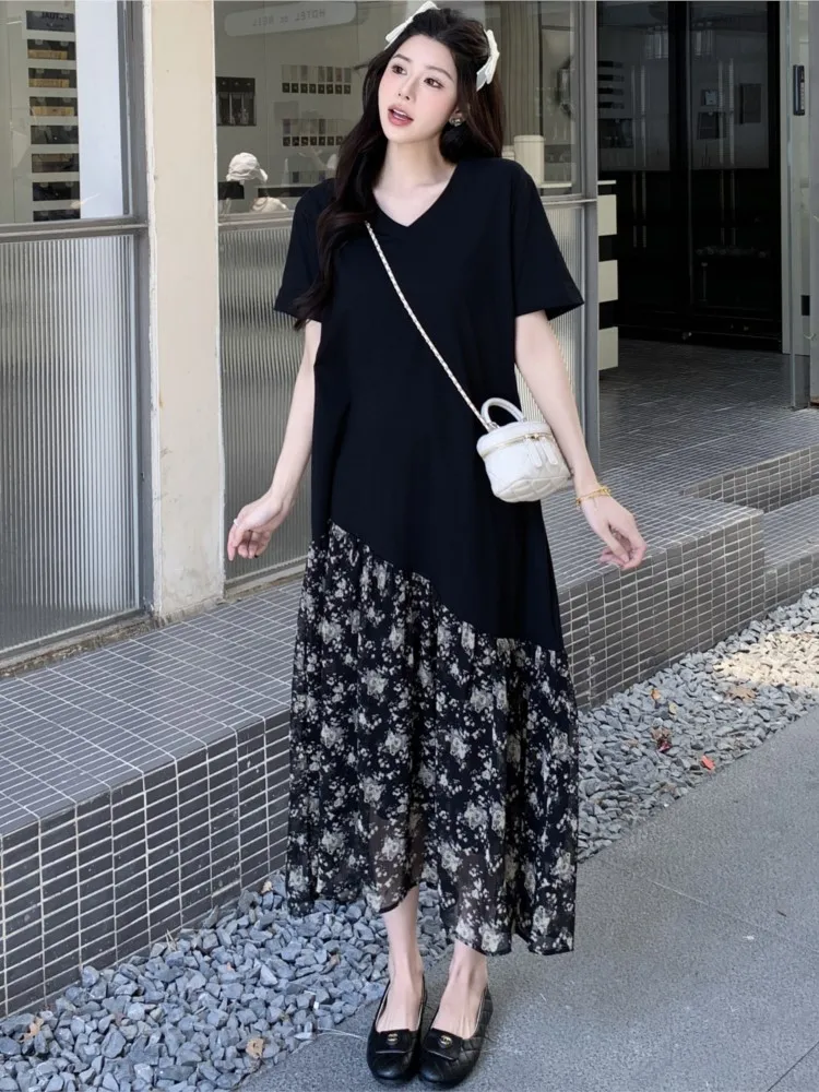 فستان نسائي كوري صيفي جديد من فيستدوس رداء Elbise فضفاض مقاس كبير مرقع قطعتين مزيفين بأكمام قصيرة فستان طويل