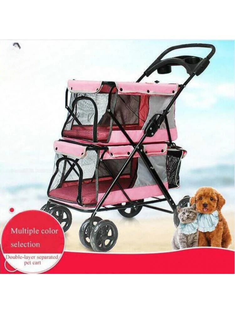 Portable Folding Double-layer Pet Stroller for 2 Dogs with Large Space Four-wheeled Double Dog Strollers Sale Outdoor Travel