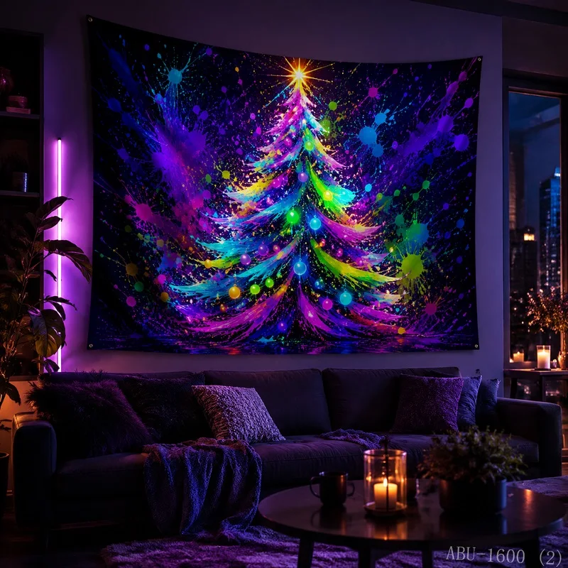 VIKAMA Christmas Tree Blacklight Glow Tapestry Wall Hanging, Bright HD Print, Wall Art for Bedroom Dorm Party Game Room Decor