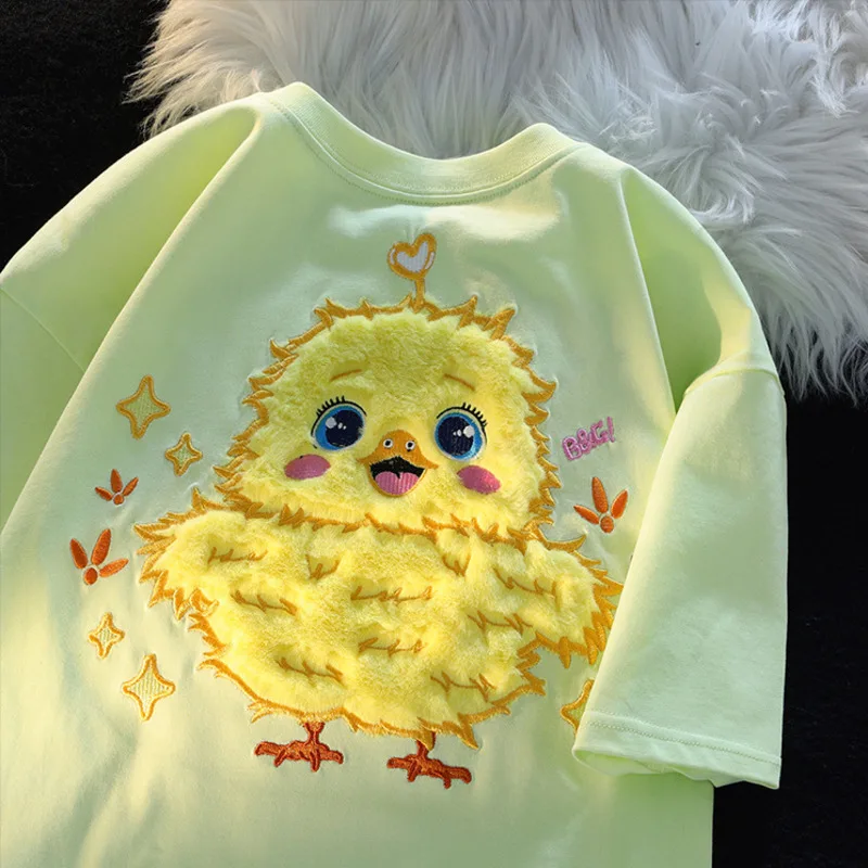 Cotton New Cute Cartoon Chick Embroidered Short Sleeve T-shirt Women's Furry Flocking Crew Neck Loose Top Kawaii Tees Shirt