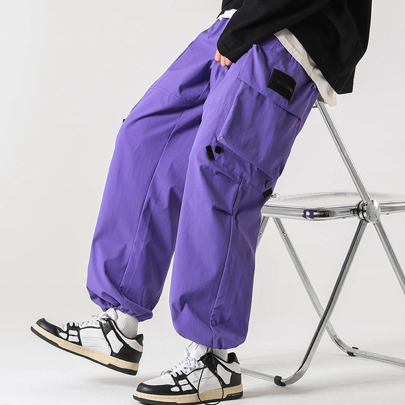 Multi-Pocket Cargo Pants Men's Casual Solid Colour Straight Pants Baggy Wide-leg Cropped Pants Men Ankle-length Jogging Pants