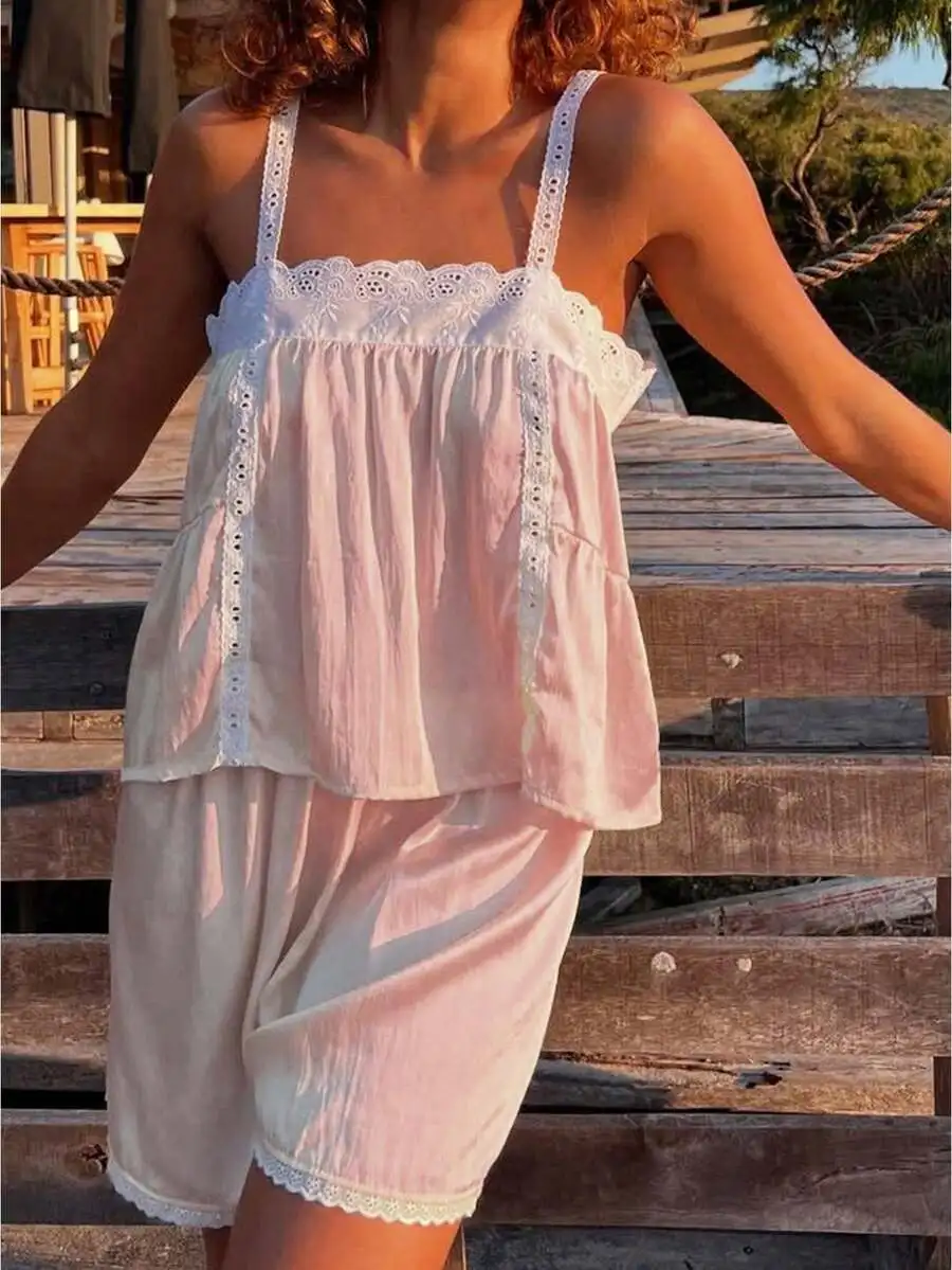 Women Lace Trim Sleeveless Camisole Pajama Set With Shorts Sleepwear Loungewear