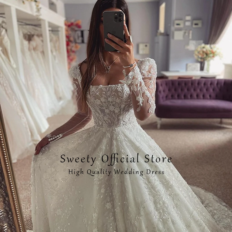 Luxury Wedding Dress Embroidered With Lace Ball Gown Train Square Collar Full Sleeve Bridal Button Vestido De Novia Customized