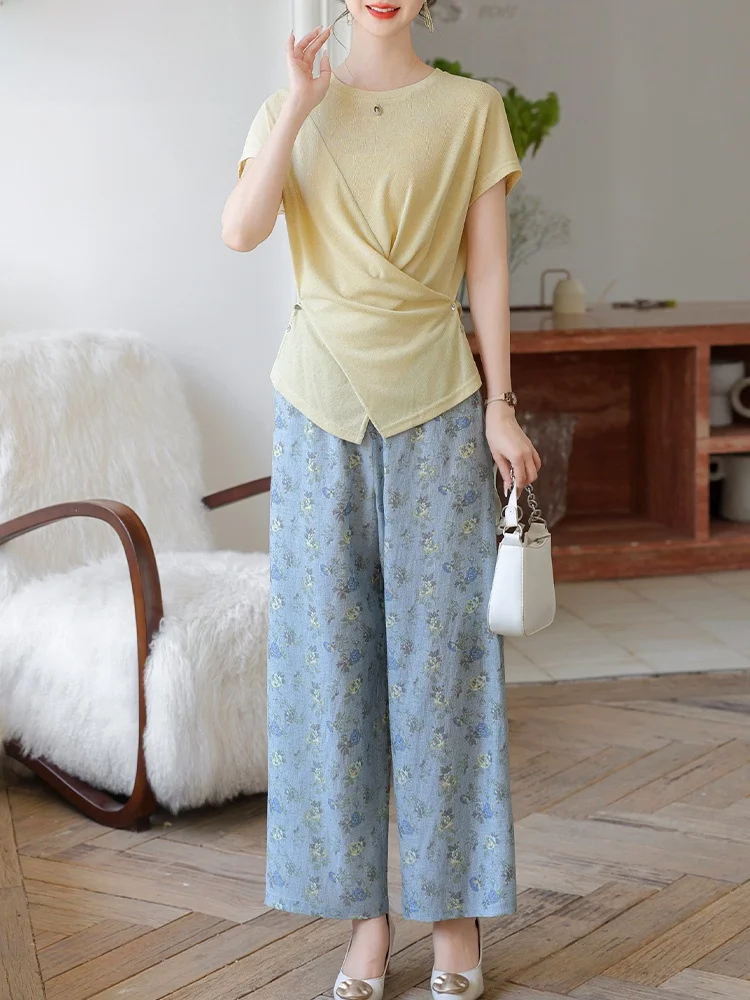 

Faionable Casual Young Mom Summer Outfit Large Size Top And Bot Set Polyester Cotton Blend round Ne ort Sve T-irt