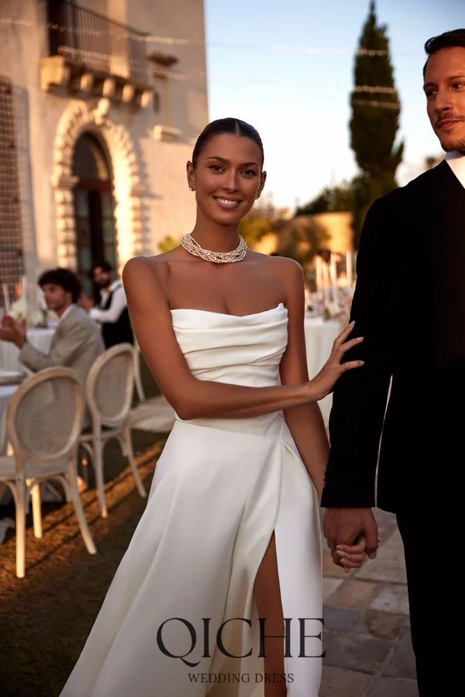QICHE Simple Satin Wedding Dresses Pleated Civil Bridal Gown Side Slit Minimalist Customized Bride Dress For Wedding Ceremony