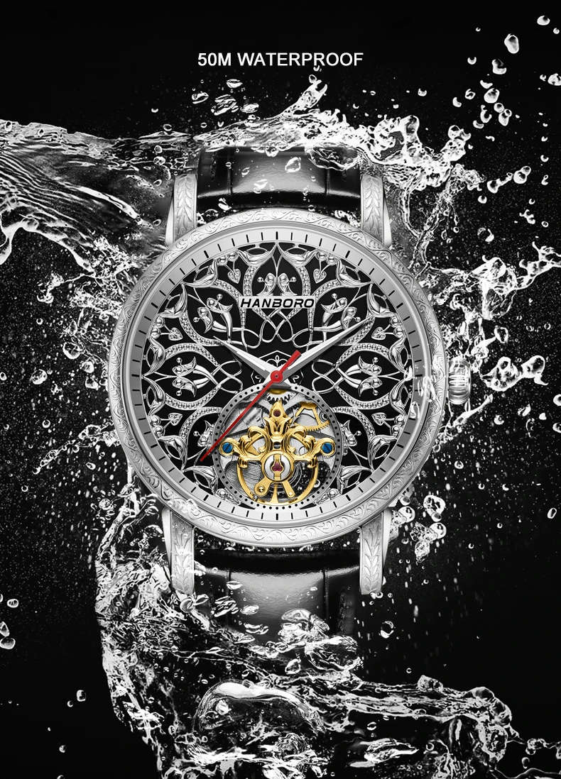 HANBORO Orologio automatico da uomo 42mm Orologio da polso meccanico vintage Luminoso 50M Impermeabile Zaffiro intagliato Quadrante scavato