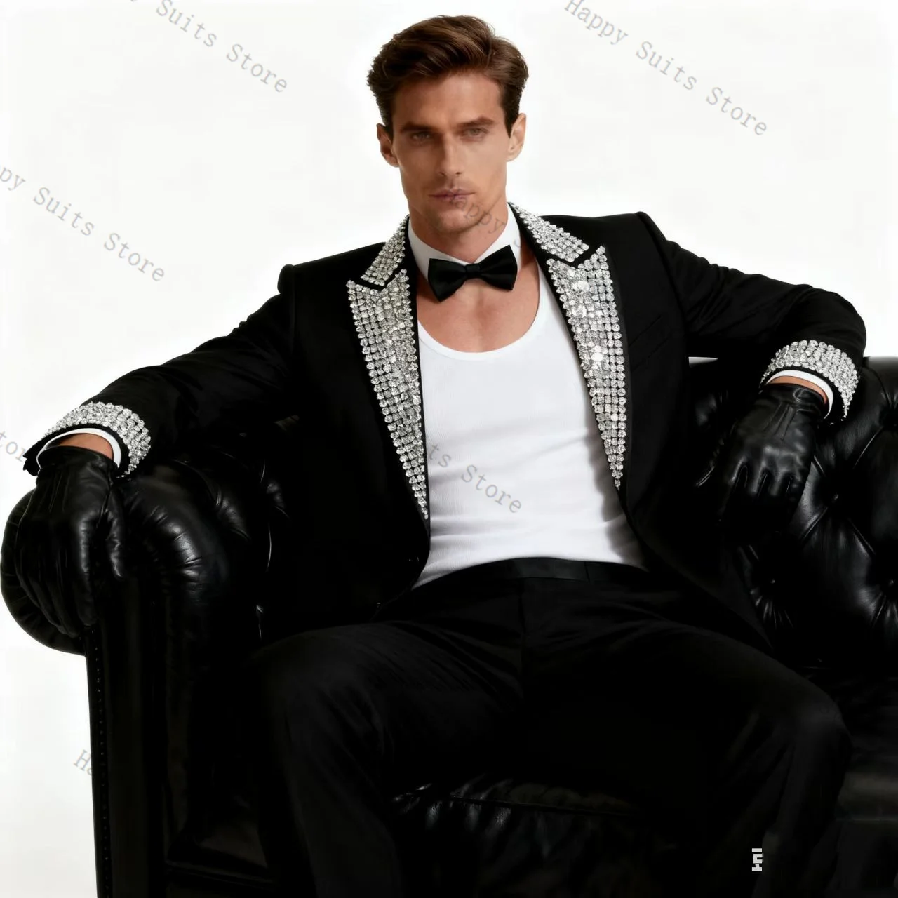 

Crystals Black Men Suit Set 2 Pcs Blazer+Straight Pants Trousers Formal Office Coat Wedding Tuxedo Customized Jacket Outfit