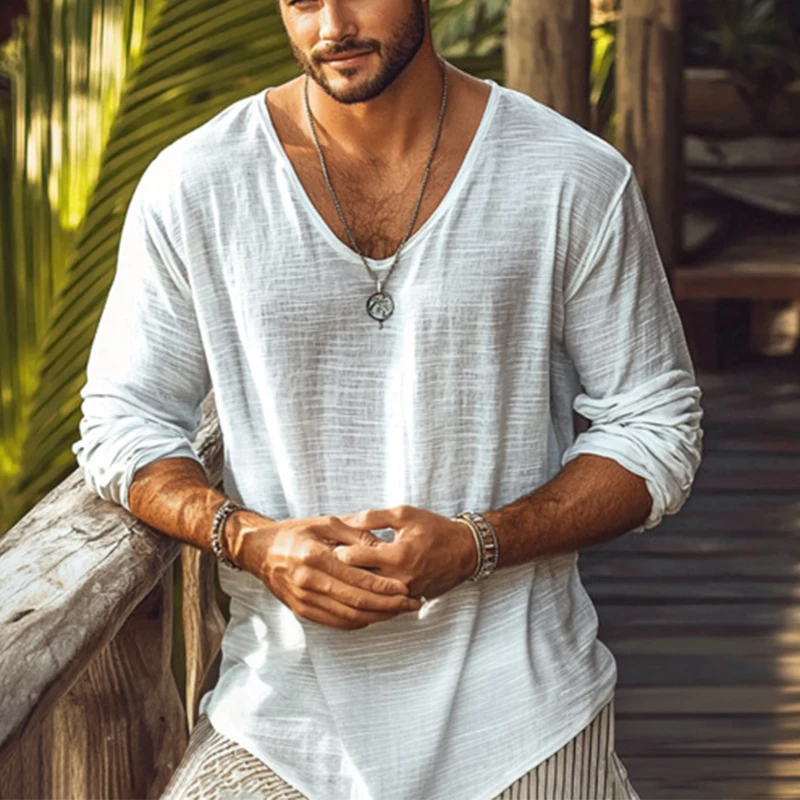 

Daily Leisure Breathable Thin Long Sleeve Tees Men Vintage Loose V Neck T-shirts For Mens Spring Casual Solid Color Pullover Top