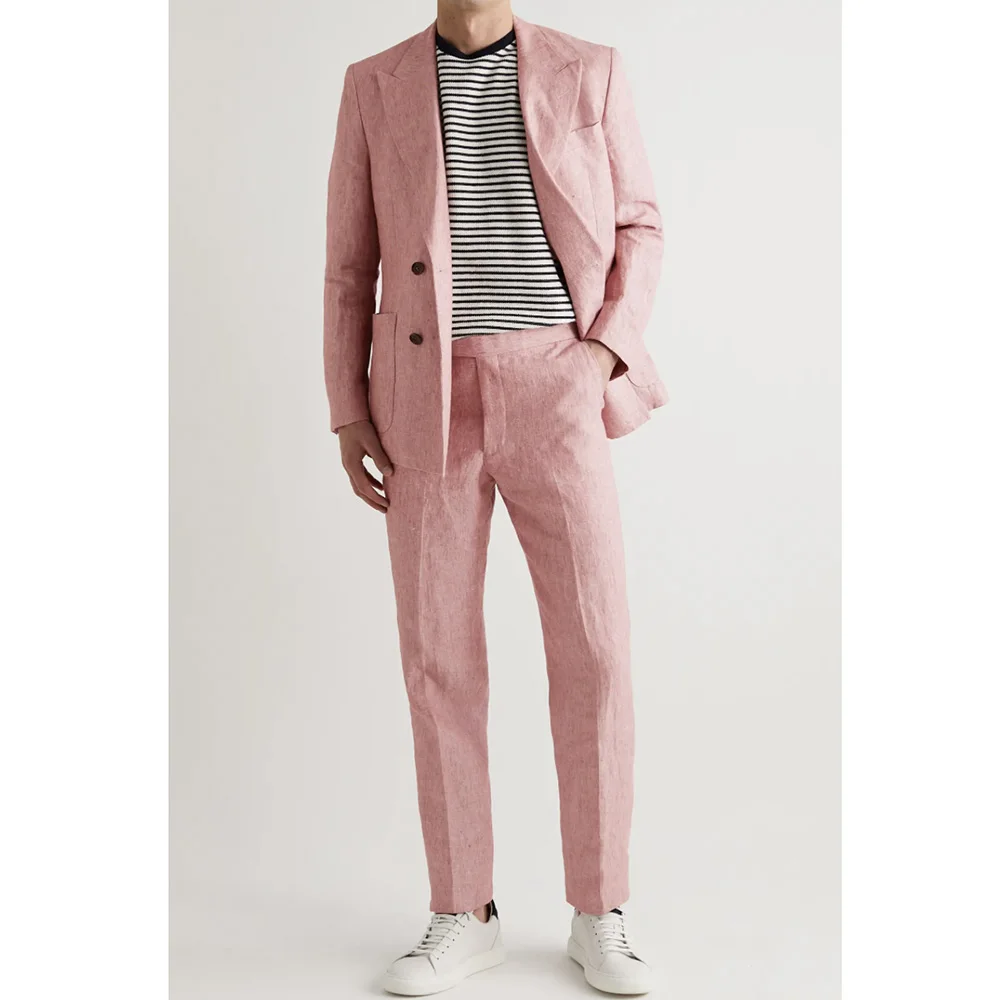 

Suits For Men Linen Coat Pants Summer Leisure Two Piece Pink Notched Lapel Slim Fit Terno Masculinos Completo Custom Made Blazer