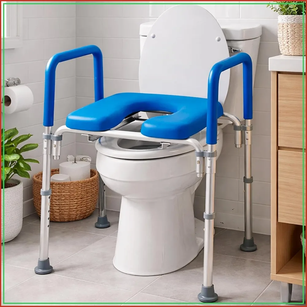 Adjustable Raised Toilet Seat with Padded Armrests, Commode Chair for Elderly Safety, Blue