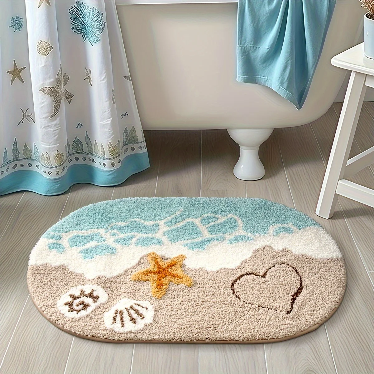 1pc Ocean-themed Plush Faux Cashmere Bathroom Mat, Anti-slip Absorbent Bath Mat With Beach Starfish & Heart Design JJ2183