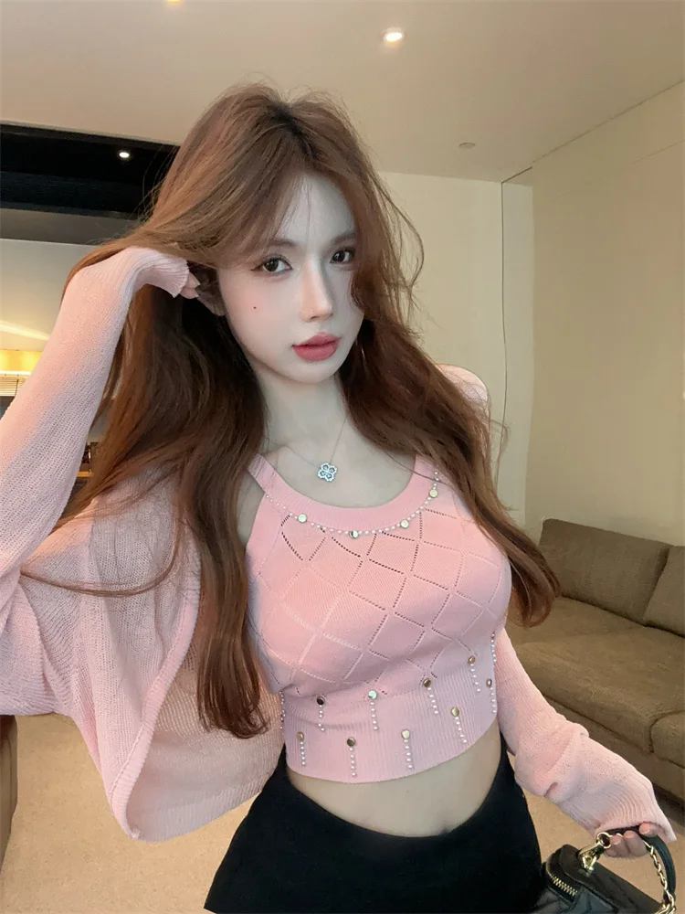 

Pure Desire Women's Summer Knitted Ice Silk Sun Protection Hollow out Neckline Top with Sleeveless Vest Two Piece Set