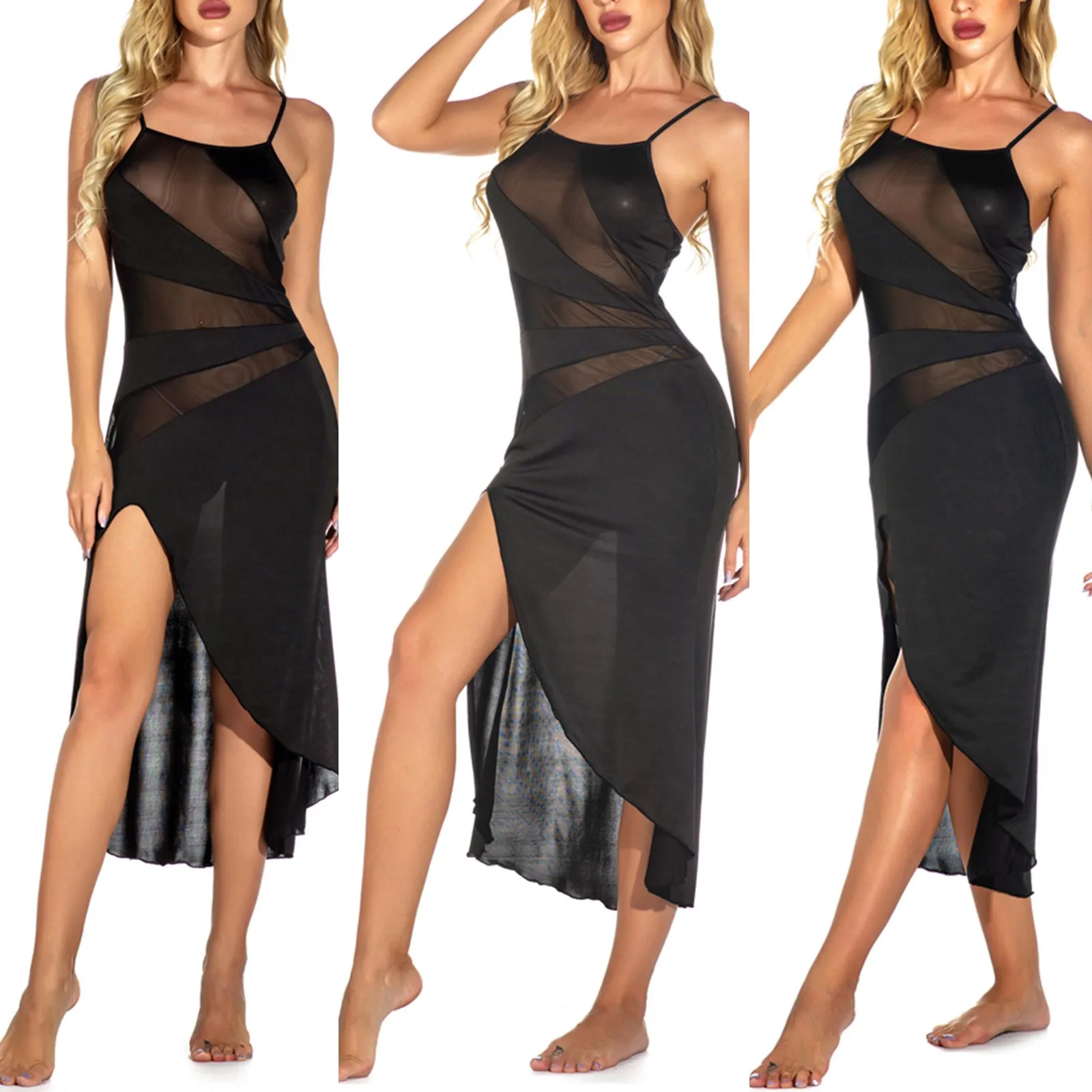 Robe de nuit longue sexy pour femmes, vêtements de nuit en V profond, vêtements de nuit en élasthanne pour femmes, vêtements de nuit artificiels, robe chaude