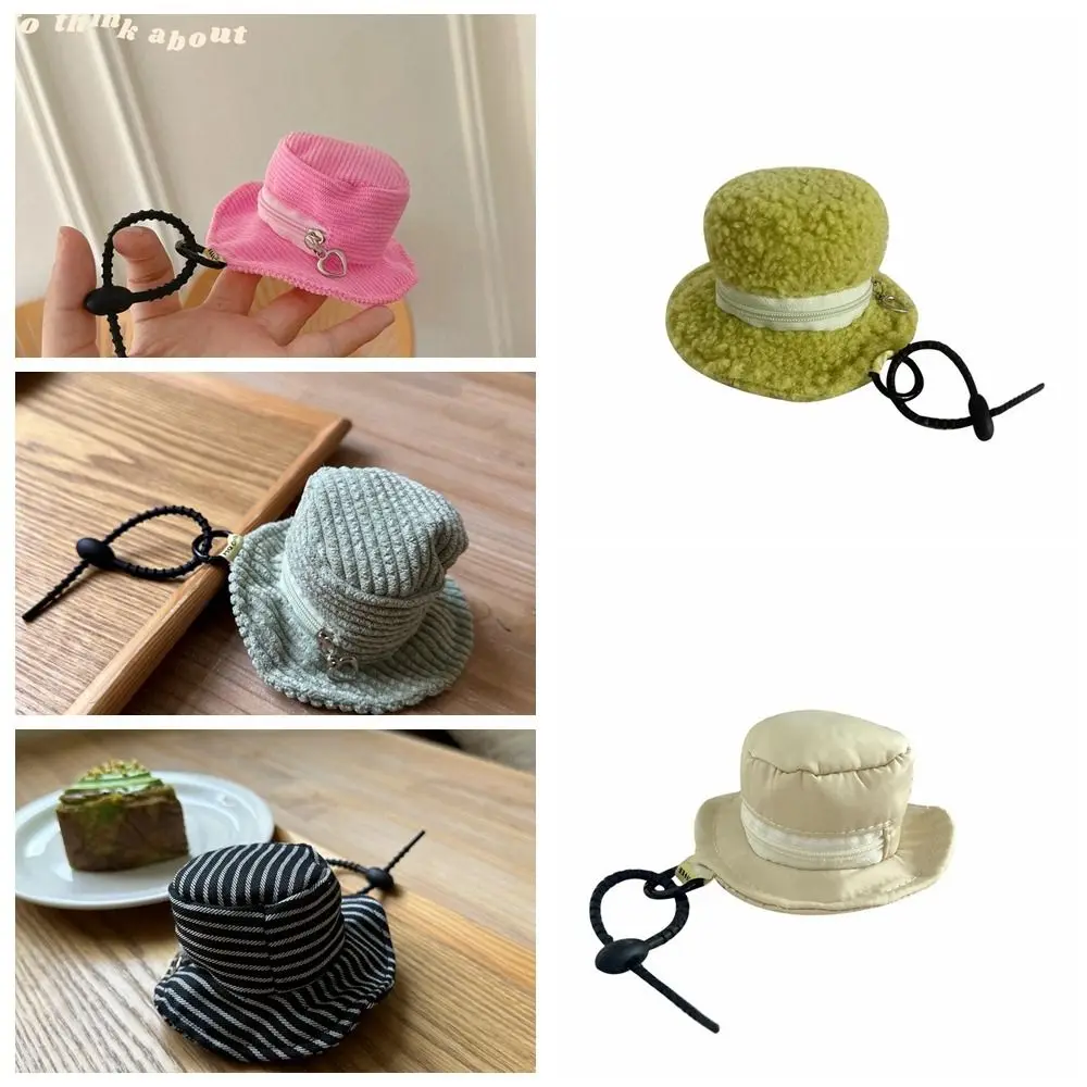 Cute Corduroy Mini Bucket Hat Coin Purse Coin Bag with Keychain Small Wallet Earphone Bag Korean Style Mini Storage Bag Gifts