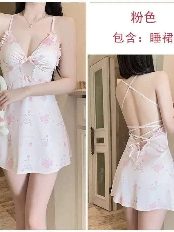 فستان لطيف مطبوع عليه رسوم كارتونية بدون ظهر بحمالات عميقة على شكل حرف V بدون أكمام فستان ساحر أنيق ورغبة نقية ملابس منزلية مغرية NB0V