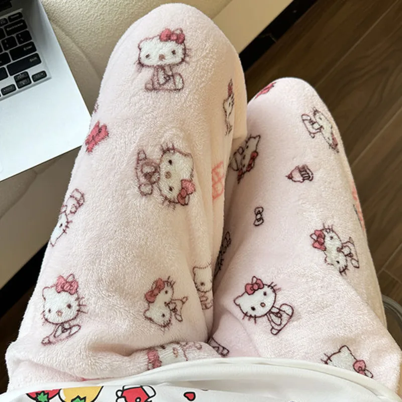 New Hello Kitty Plush Flannel Long Sleeping Pants, Winter Warm Thick Cute Casual Sleep Bottoms Women's Loose Fuzzy Home Pants