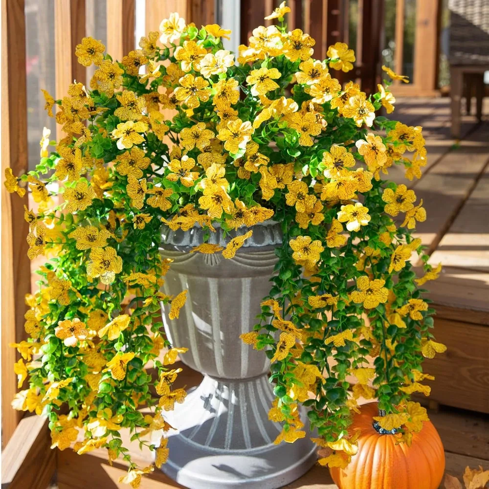 زهور صناعية معلقة من HyeFlora للديكور الخارجي، قطعتان من الأقحوان المزيفة مع أوراق الأوكالبتوس لشرفة ساحة الحديقة