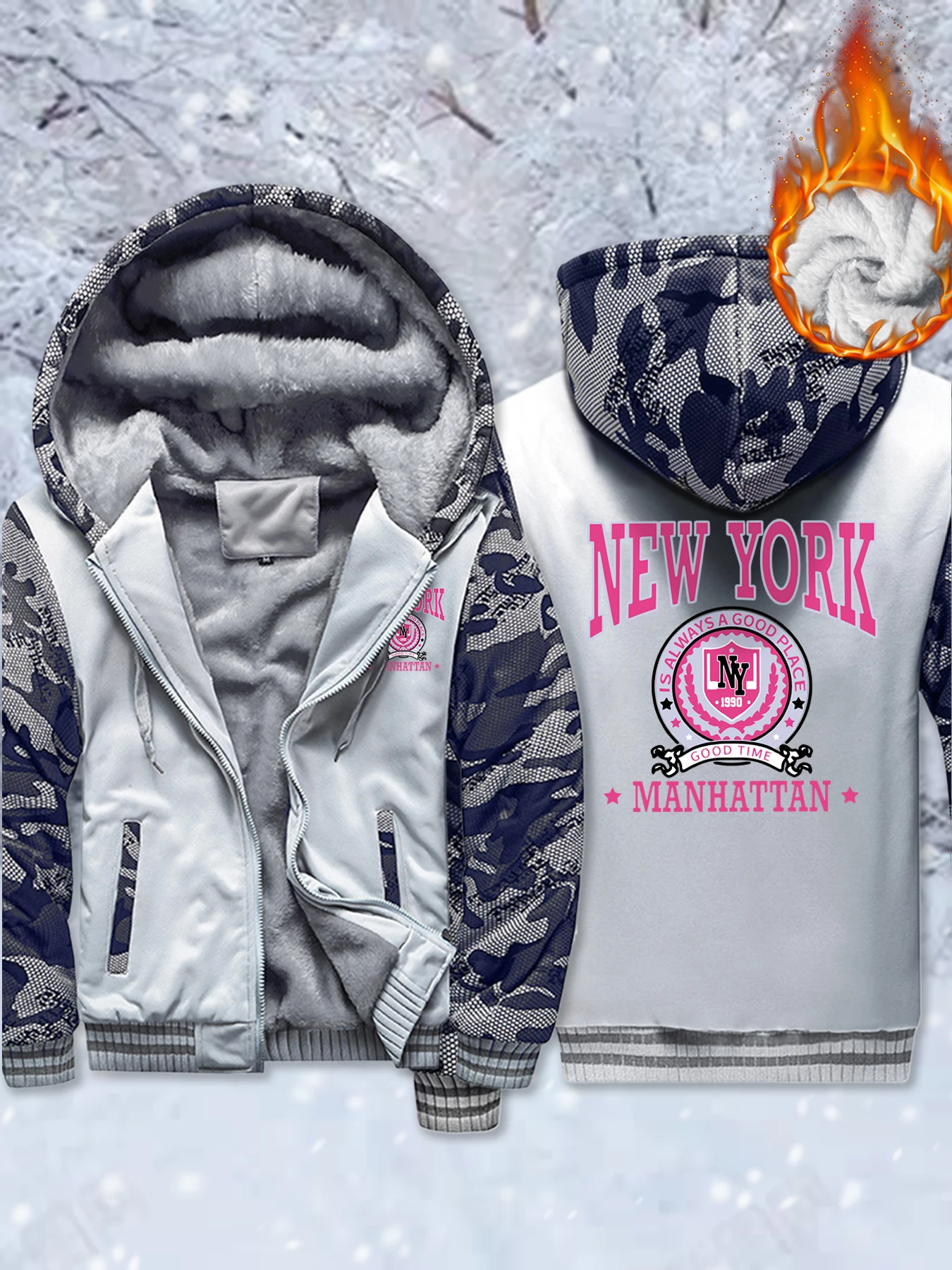 

New York City Est 1990 Prints Thicken Jackets Men Winter Warm Coats Fleece Zipper Pullover Pocket Oversized Unisex Streetwear