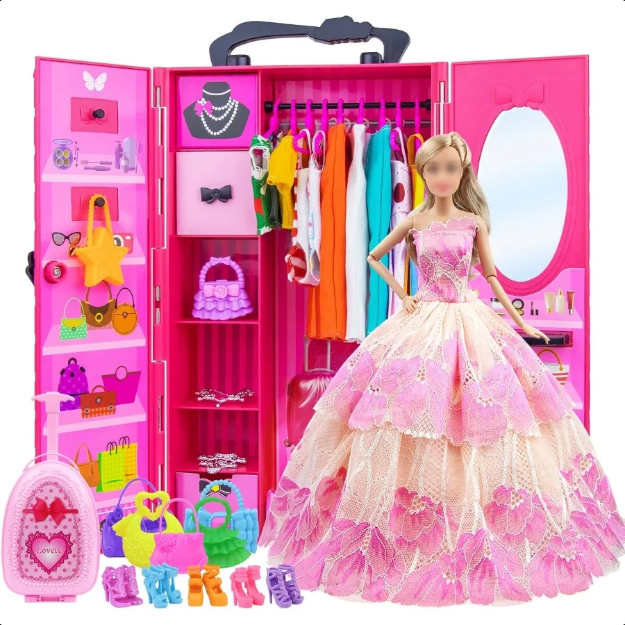 

ZITA ELEMENT 11.5 Inch Girl Doll Closet Wardrobe with Clothes and Accories Set 101 Pcs Including Wardrobe Suitcase Clothes Dres
