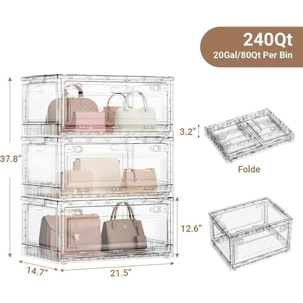 Contenedores de almacenamiento apilables transparentes grandes con tapas y ruedas, capacidad de 240 cuartos, cajones de plástico plegables para organización de armario
