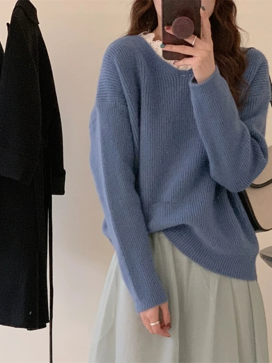

Ele Lace Collar Loose Sweater Subtle Elegance Design Knitted Long Sve round Ne Basic Color Commute Sle