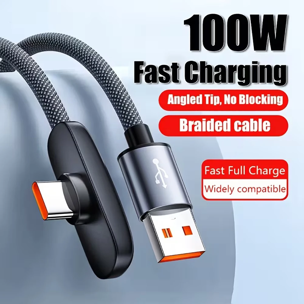 100W USB to Type C Fast Charging Cable 90° Elbow USB Data Cord For Samsung Huawei POCO Right Angle Design Gaming Charger Cable
