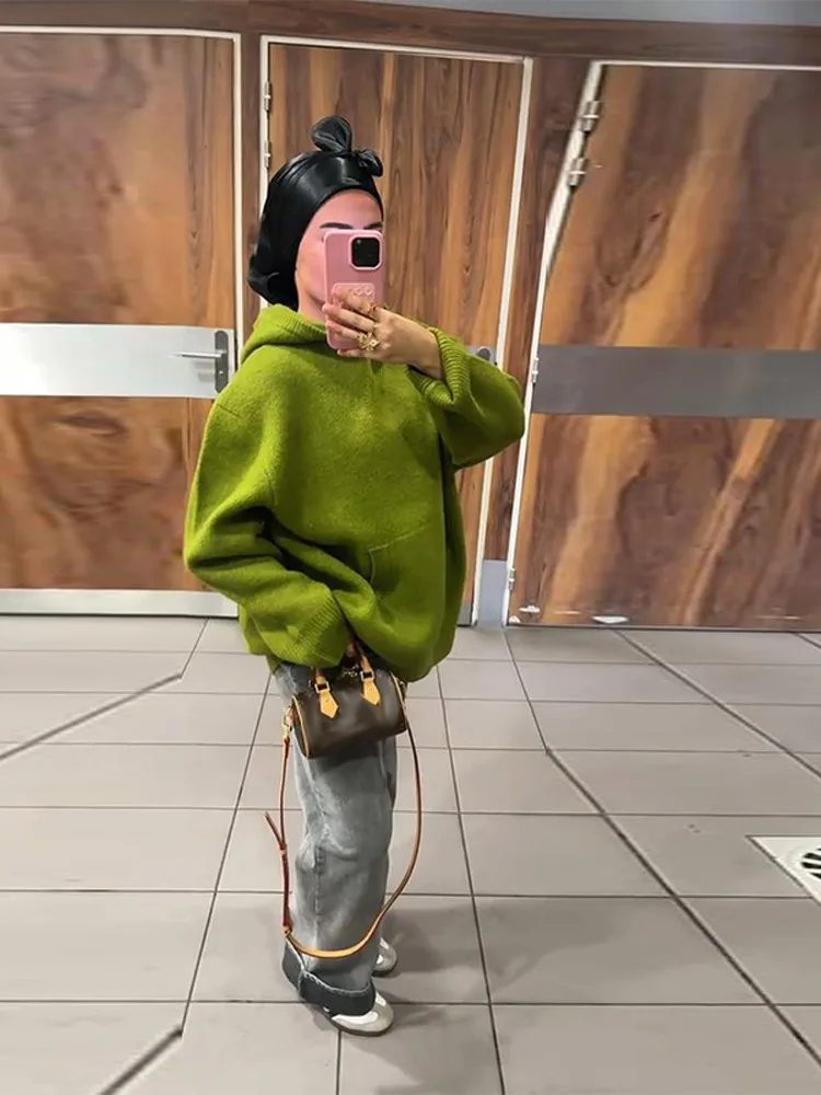 

Casual Knitted Women's Sweater Hooded Solid Loose Big Pocket Lady Sweaters 2025 Autumn Winter Fashion Female Street Outwear