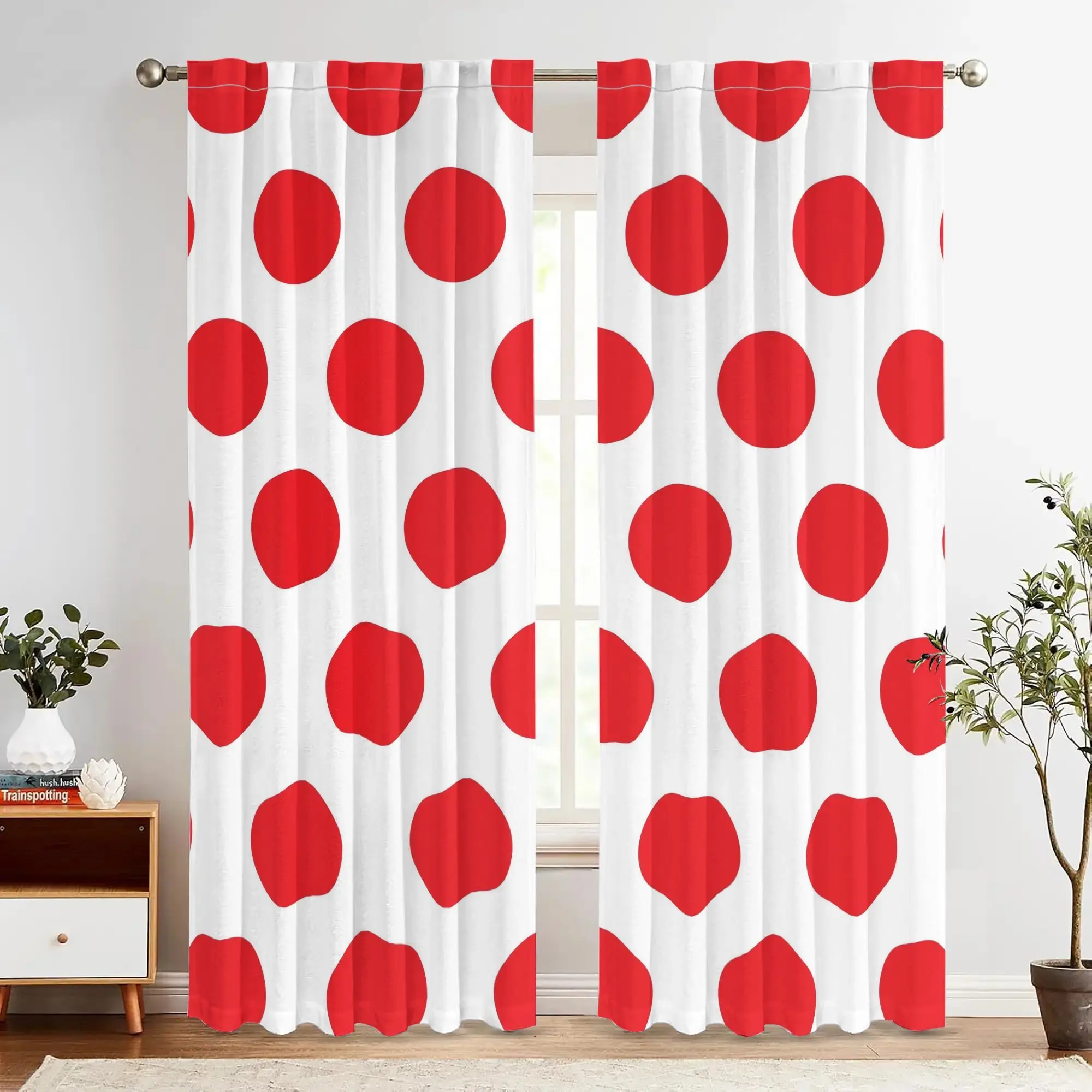 2pc Red polka dot curtains, polyester fabric, machine washable, suitable for living room and bedroom home décor.