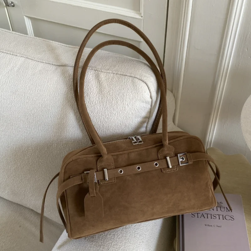 

Brand Frosted Belt-buckle Handbag Autumn Winter Solid Color Retro Shoulder Bag Zippered Large Capacity Commuter Underarm Bag