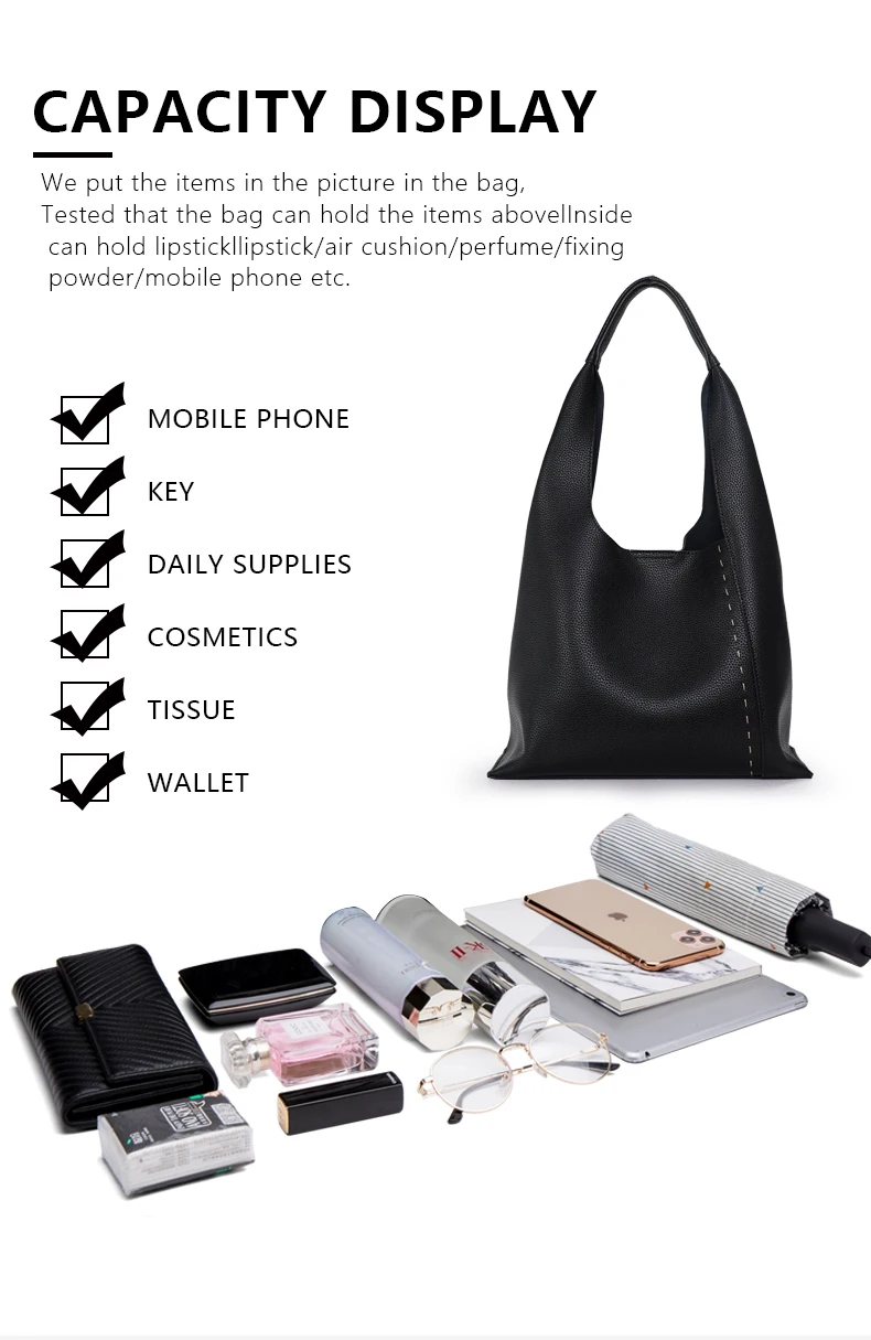 Weiche Litchi-Textur Echtleder Damen Hobo-Tasche Große Kapazität Innentasche Schulter-Tragetasche für Einkaufen Büro Täglichen Gebrauch – Detail 7