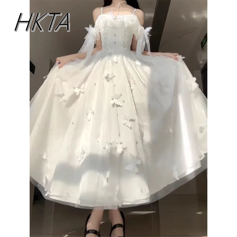 Biała Suknia Ślubna 2025 Letnia Bogini Długa Sukienka Ramiączka Odkryte Ramiona Koraliki Motyl Eleganckie Falbany Sukienka Księżniczki