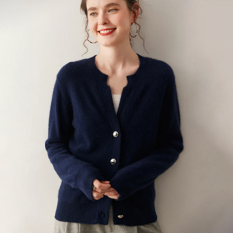Damski sweter z kaszmiru 100%, dekolt w serek, metalowe guziki, kardigan, dzianina kaszmirowa, jesienno-zimowa, miękka, codzienna, wygodna bluzka.